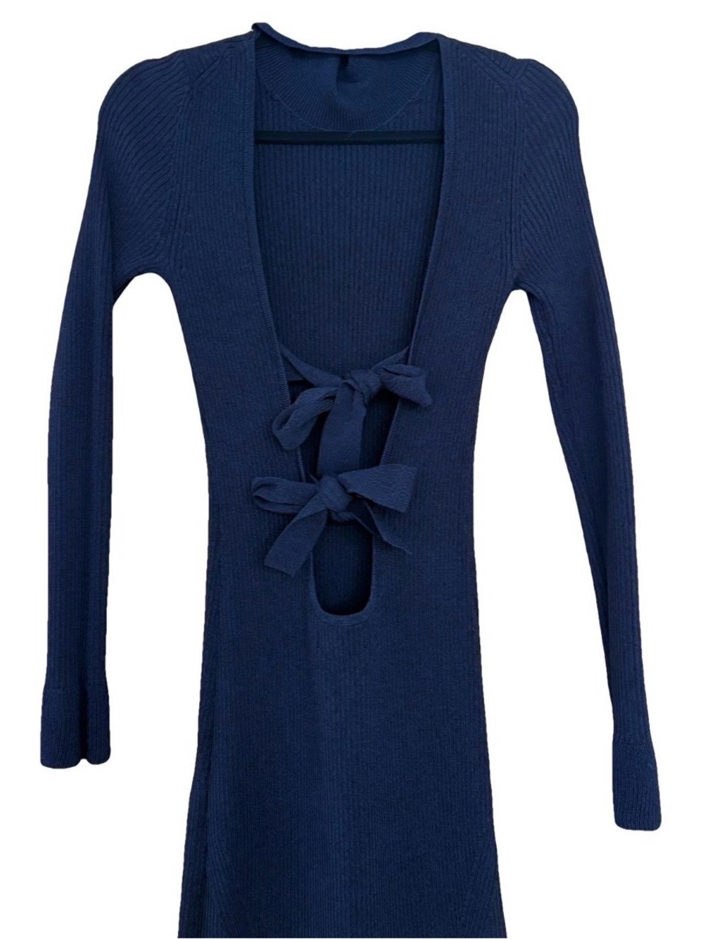 Ganni Navy Blue Long Sleeve Backless Tie-Front Knit Dress